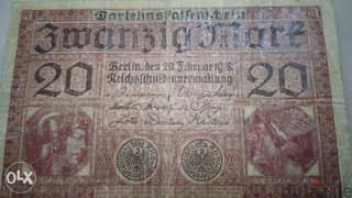 German WW1 20 Mark Reich Banknote year 1918
