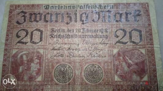 German WW1 20 Mark Reich Banknote year 1918