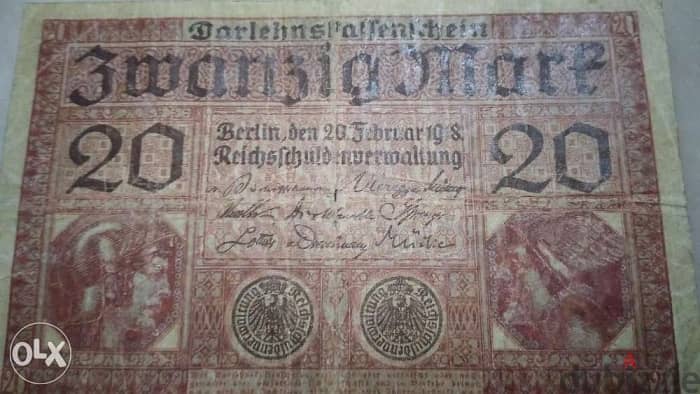 German WW1 20 Mark Reich Banknote year 1918 0