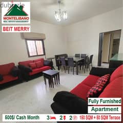 500$/Cash Month!!! Apartment for rent in Beit Merry!!!