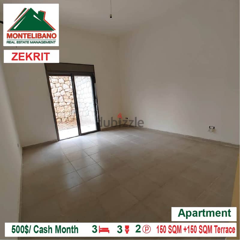 500$/Cash Month!!! Apartment for rent in Zekrit!!! 2