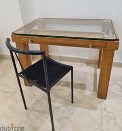 Wood Table Desk with a glass top & drawer