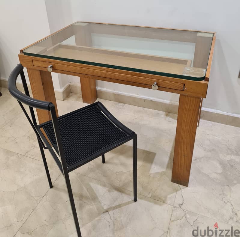Wood Table Desk with a glass top & drawer 1