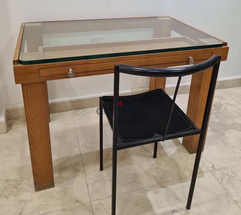 Wood Table Desk with a glass top & drawer 2