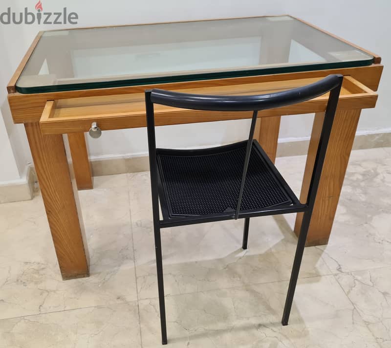 Wood Table Desk with a glass top & drawer 3