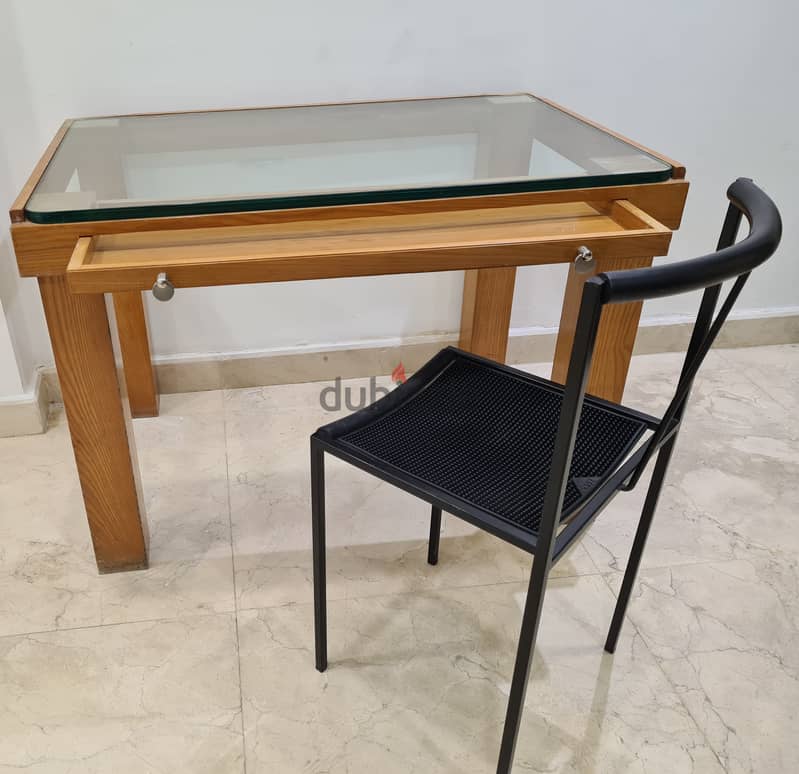 Wood Table Desk with a glass top & drawer 4