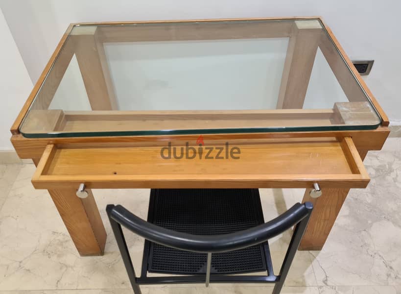 Wood Table Desk with a glass top & drawer 5