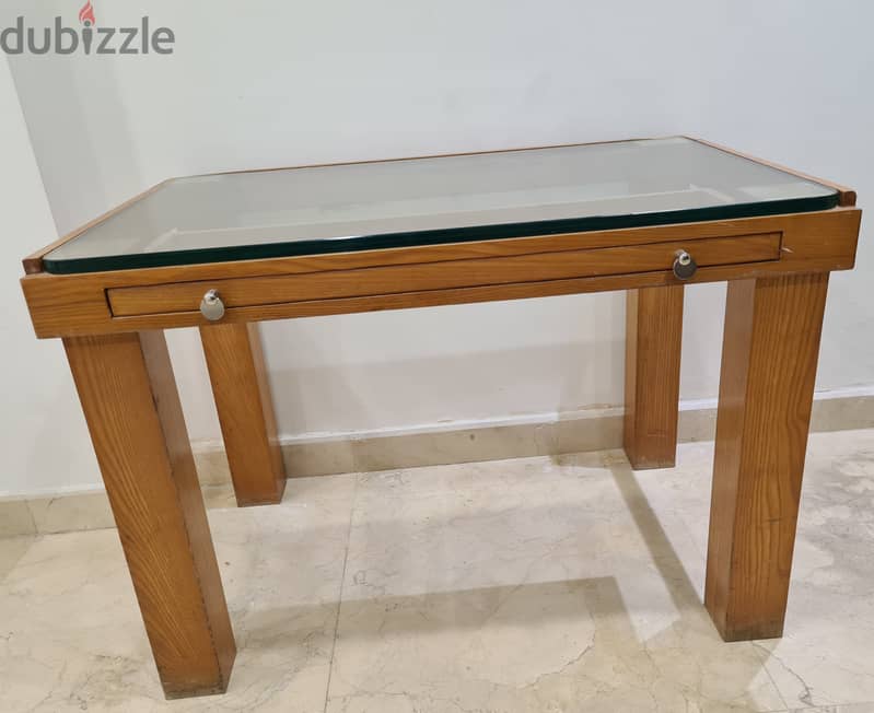 Wood Table Desk with a glass top & drawer 6