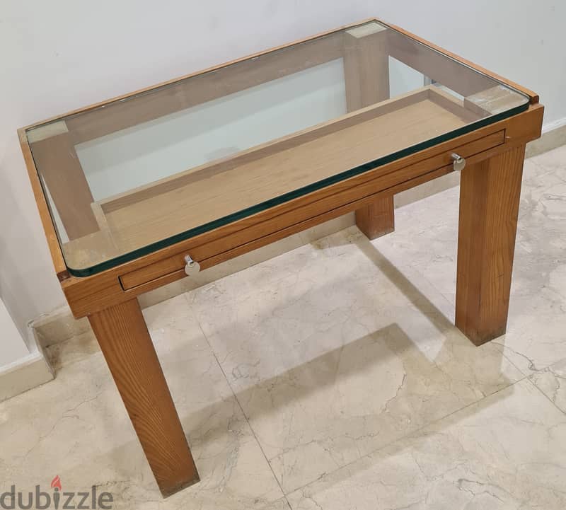 Wood Table Desk with a glass top & drawer 7