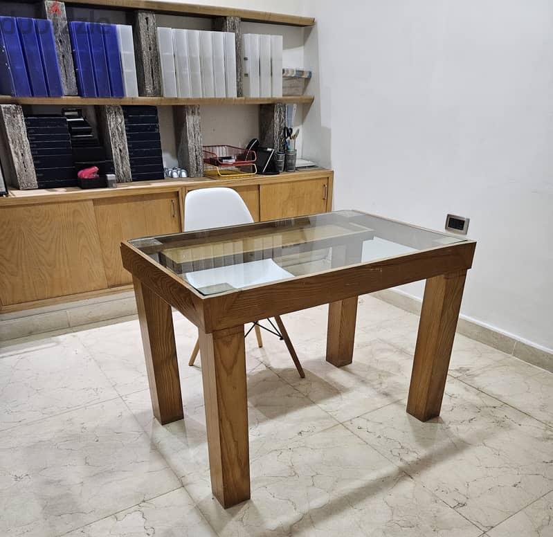 Wood Table Desk with a glass top & drawer 8
