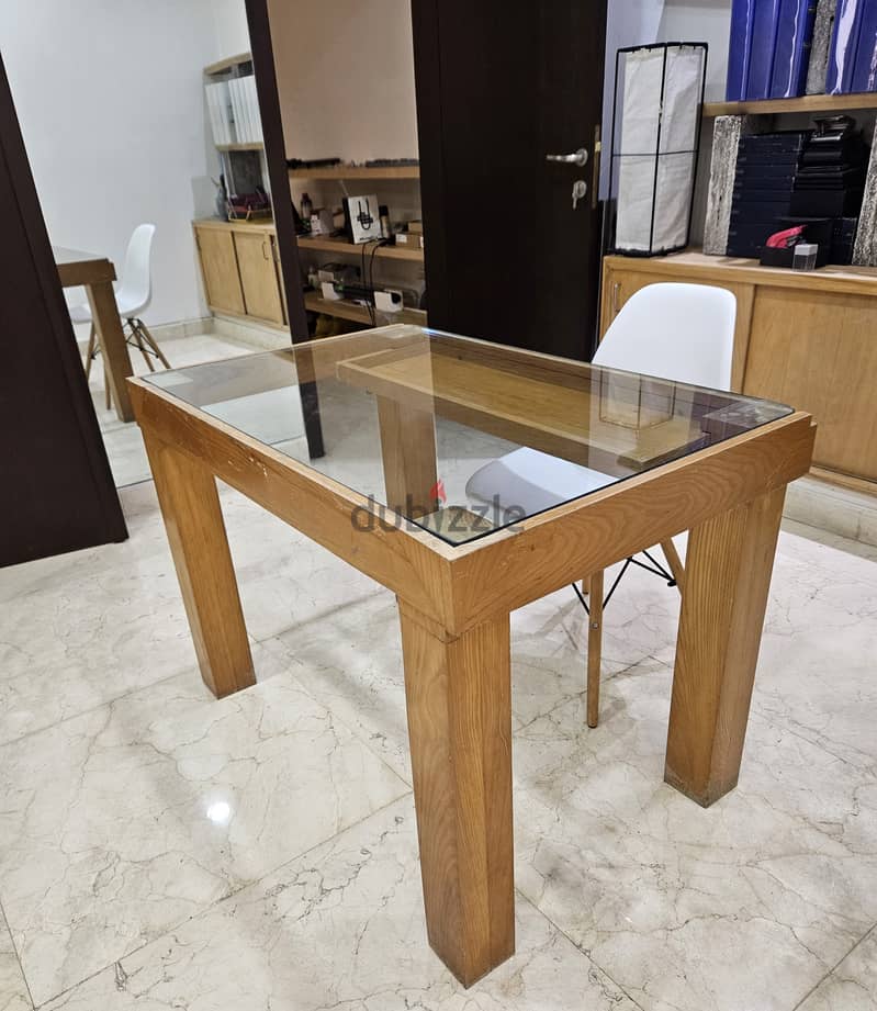 Wood Table Desk with a glass top & drawer 9