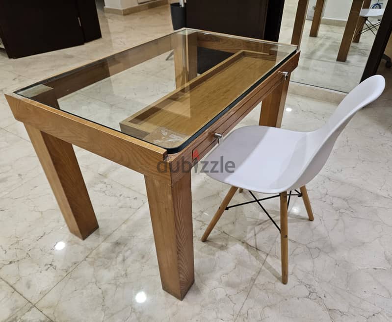 Wood Table Desk with a glass top & drawer 11