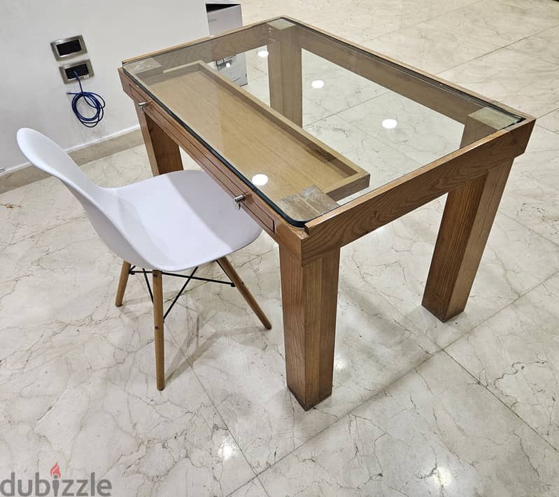 Wood Table Desk with a glass top & drawer 12