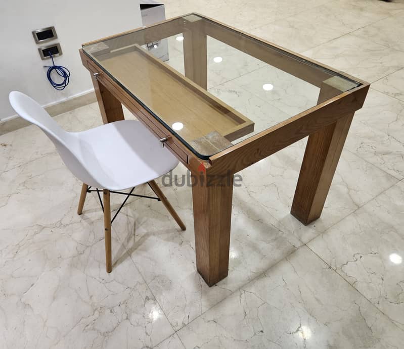 Wood Table Desk with a glass top & drawer 13