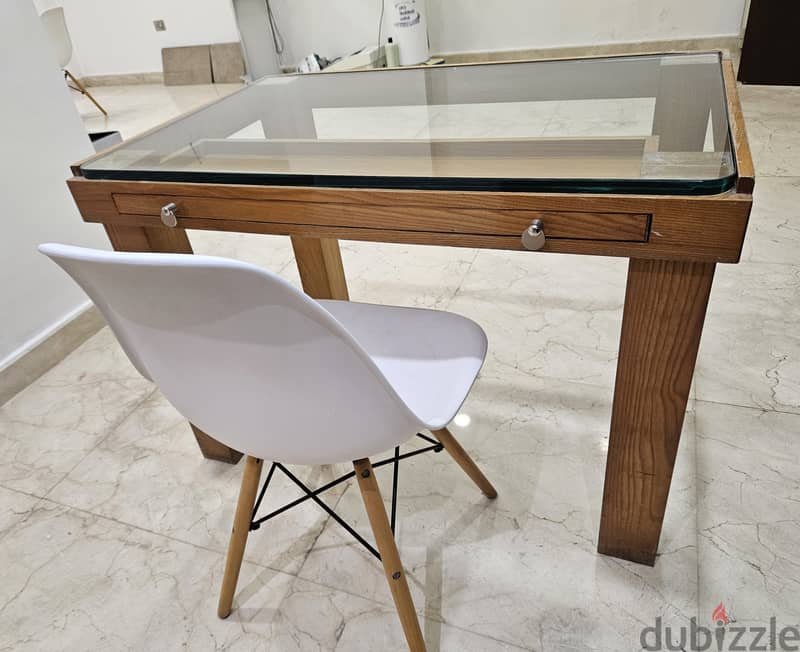 Wood Table Desk with a glass top & drawer 15