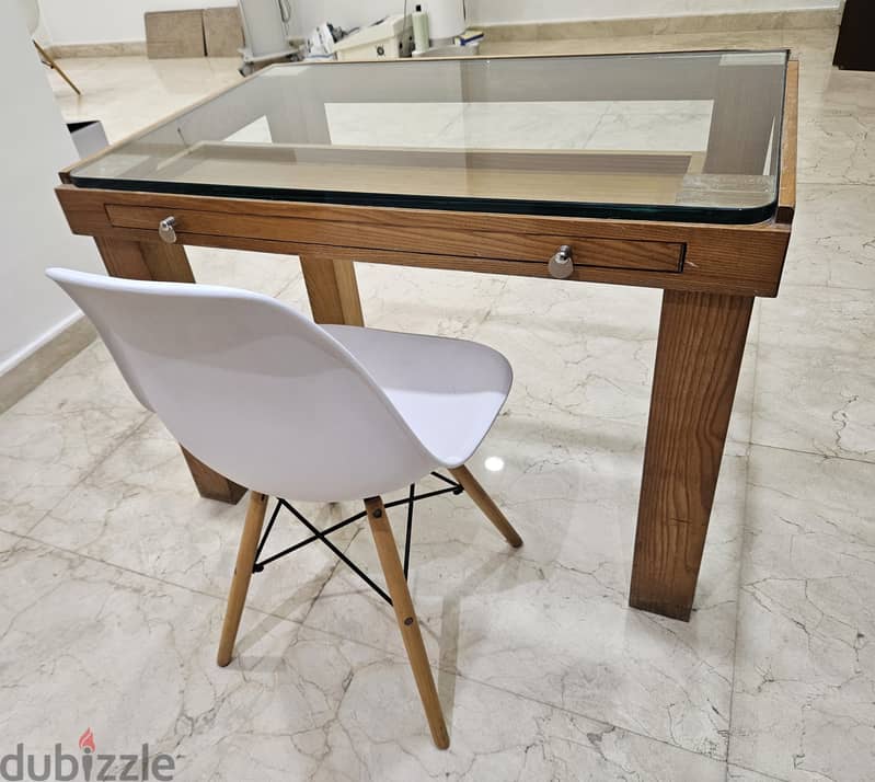 Wood Table Desk with a glass top & drawer 16