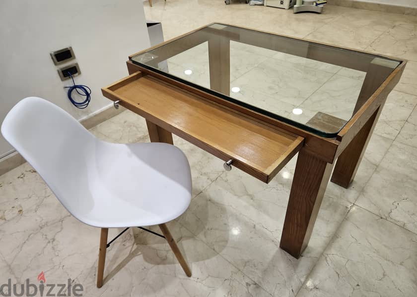 Wood Table Desk with a glass top & drawer 17