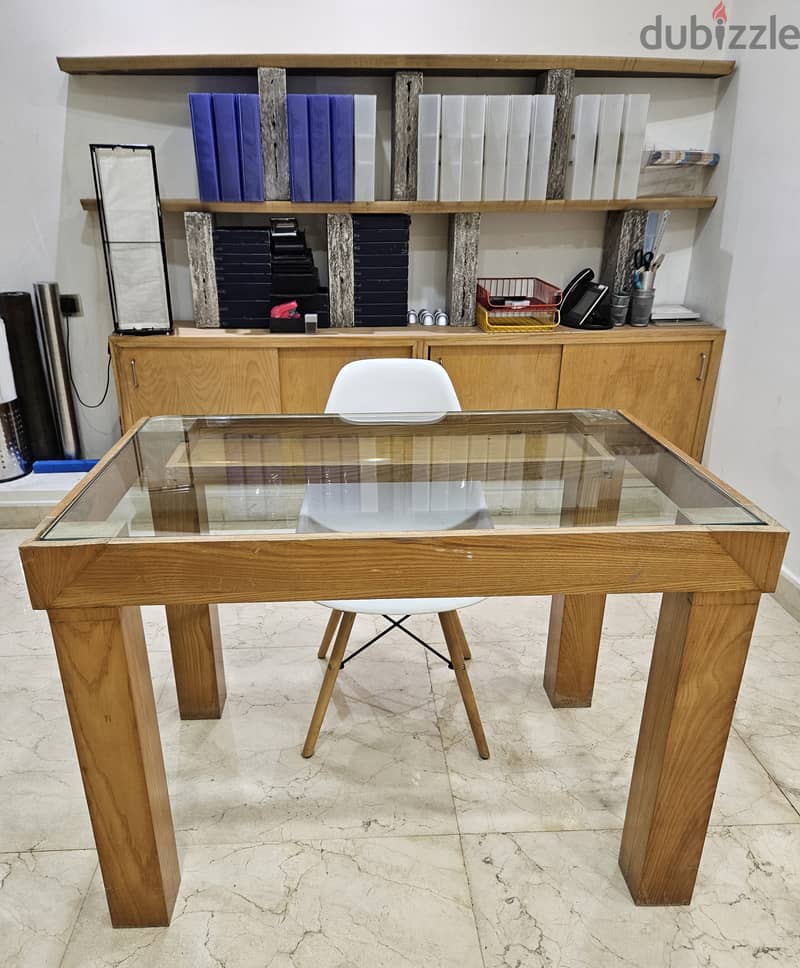 Wood Table Desk with a glass top & drawer 18