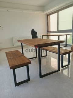 wood and steel industrial dining table with 2 benches