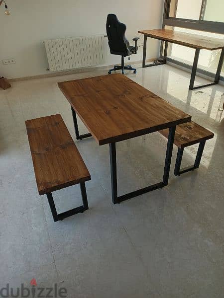 wood and steel industrial dining table with 2 benches 1