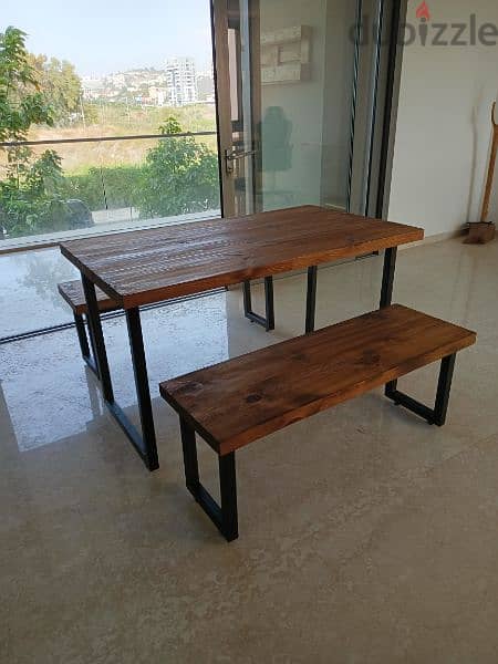 wood and steel industrial dining table with 2 benches 2