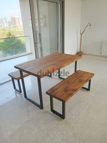 wood and steel industrial dining table with 2 benches 3